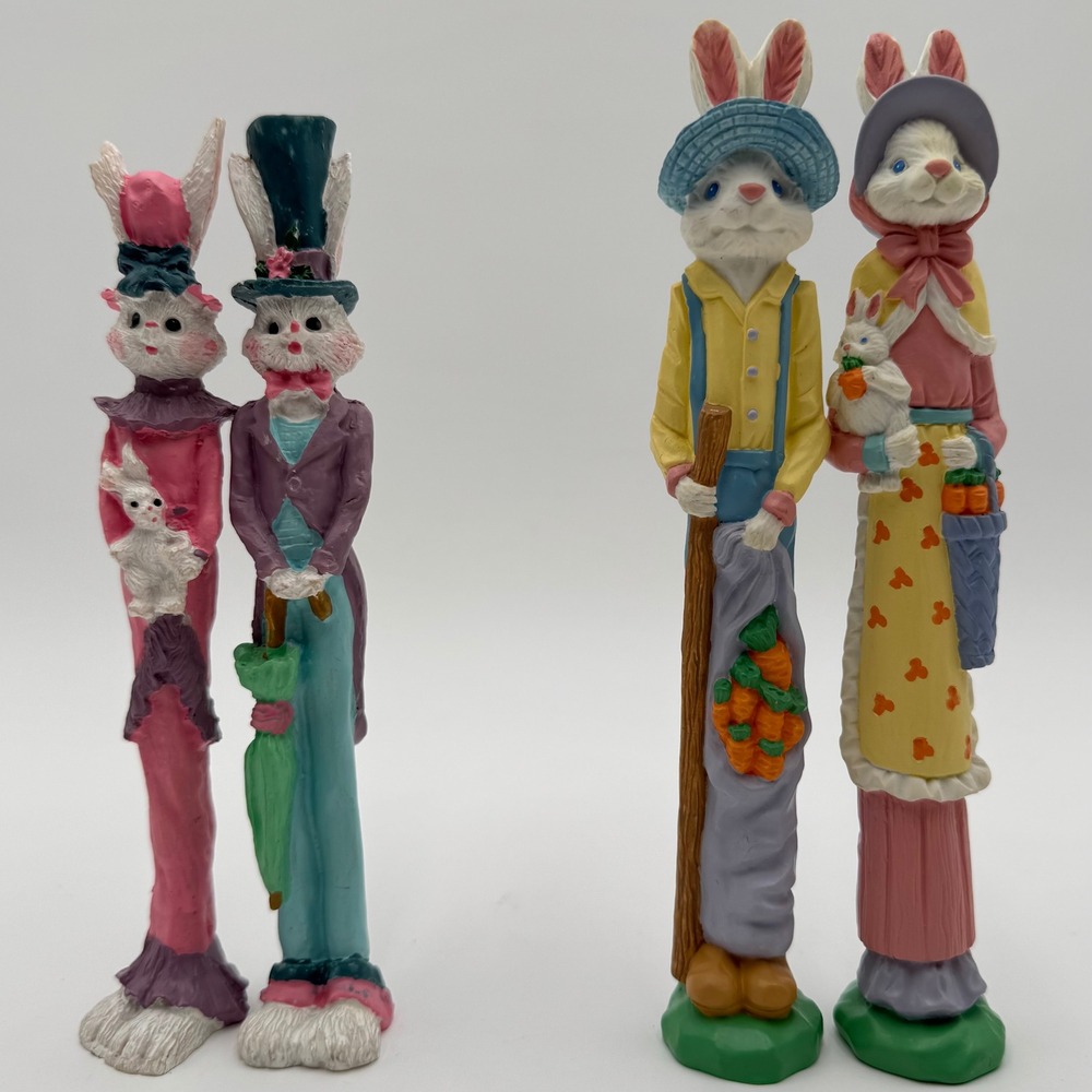 Set of 4 Easter Bunny Figurines Spring Decor Rabbit Couple‎ Statues Collectables